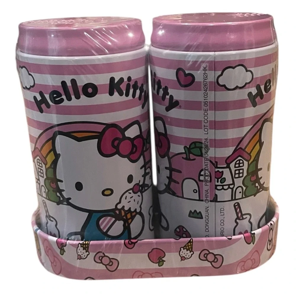 Hello Kitty‎ Salt Pepper Shaker Set with Holder Pink Striped Collectible Gift